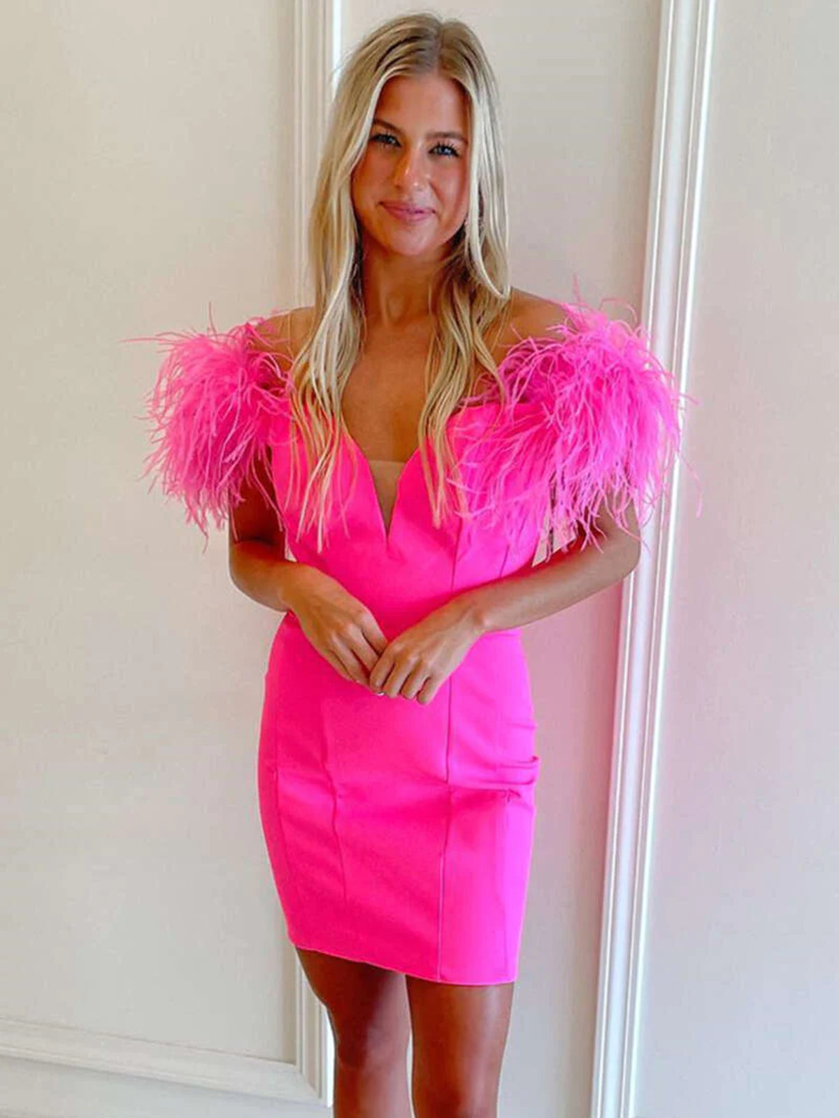 Hot Pink Off the Shoulder Short Prom Dresses, Off Shoulder Short Hot Pink Graduation Homecoming Dresses