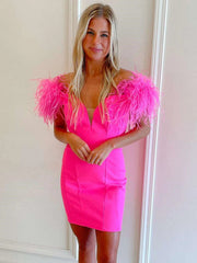 Hot Pink Off the Shoulder Short Prom Dresses, Off Shoulder Short Hot Pink Graduation Homecoming Dresses