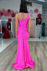 Hot Pink One-Shoulder Cutout Mermaid Long Prom Dress TP1274