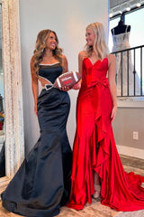 Hot Pink Spaghetti Straps Mermaid Satin Long Corset Prom Dress with Bow