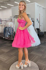 Hot Pink Tulle Sequin A-Line Short Homecoming Dress TN407