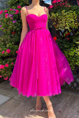 Hot Pink Tulle Sweetheart A-line Tea-length Short Prom Dresses, CP0968