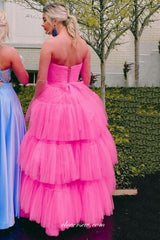 Hot Pink Tulle Tiered High Low Strapless Fashion Prom Dresses, CP0854