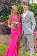 Hot Pink V-Neck Sleeveless Satin Mermaid Party Prom Dress with Slit