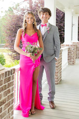 Hot Pink V-Neck Sleeveless Satin Mermaid Party Prom Dress with Slit