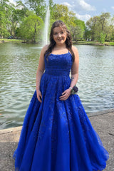 Hot 2024 Royal Blue Lace Applique Prom Dresses A Line Long UK Evening Gown
