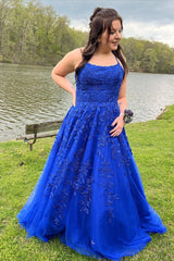 Hot 2024 Royal Blue Lace Applique Prom Dresses A Line Long UK Evening Gown