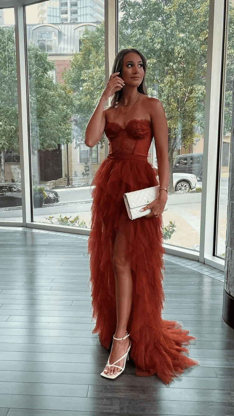 Hot Rust Red High Low Prom Dresses 2024 Tulle Sweetheart Long Formal Dress Tiered