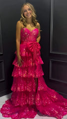 Hot Sale Tiered Lace Ruffles Long Prom Dresses, Slit Evening Dress With Bowknot, AST1578