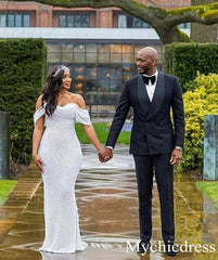 Hot Sexy Glitter Sequin Off the Shoulder Mermaid Bridal Wedding Dresses
