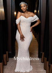 Hot Sexy Glitter Sequin Off the Shoulder Mermaid Bridal Wedding Dresses