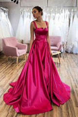Hot Pink Satin Long Prom Dress  A-line Straps Evening Dress TP1073