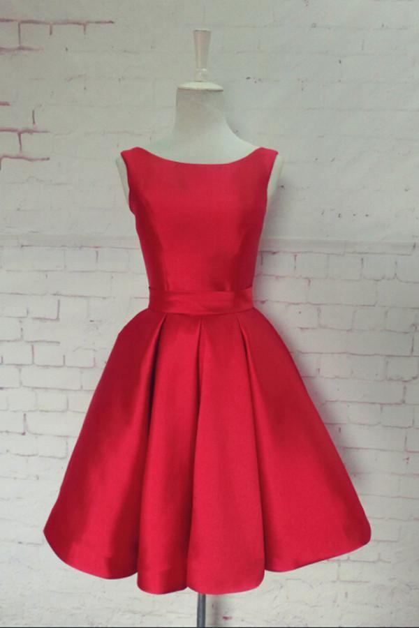 Hot-selling Bateau Satin Knee-Length Red Homecoming Dress With Bowknot TR0117