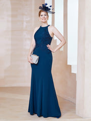Halter Sleeveless Floor-length Sheath Dress Ink Blue