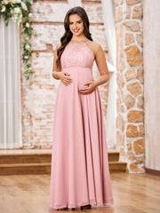 Bateau Neck Lace Top Chiffon Skirt Long Maternity Dresses Dusty Rose