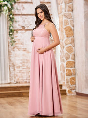 Bateau Neck Lace Top Chiffon Skirt Long Maternity Dresses Dusty Rose