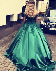 Hunter Green Satin Ball Gowns Wedding Dresses Lace Off The Shoulder