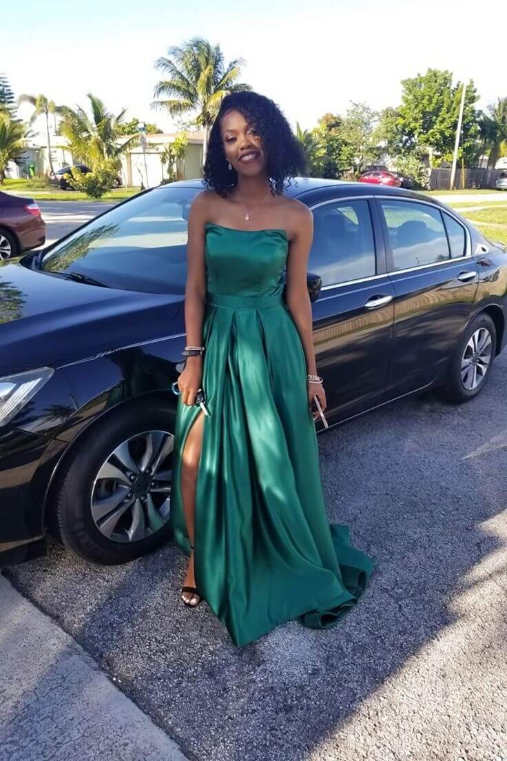 Hunter Green Satin Prom Dresses Simple Strapless Long Formal Dress