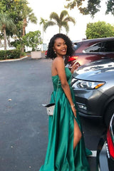 Hunter Green Satin Prom Dresses Simple Strapless Long Formal Dress