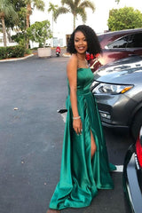 Hunter Green Satin Prom Dresses Simple Strapless Long Formal Dress