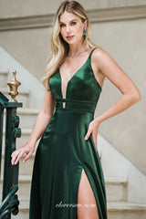 Hunter Green Satin V-neck Sleeveless High Slit Prom Dresses, CP0717
