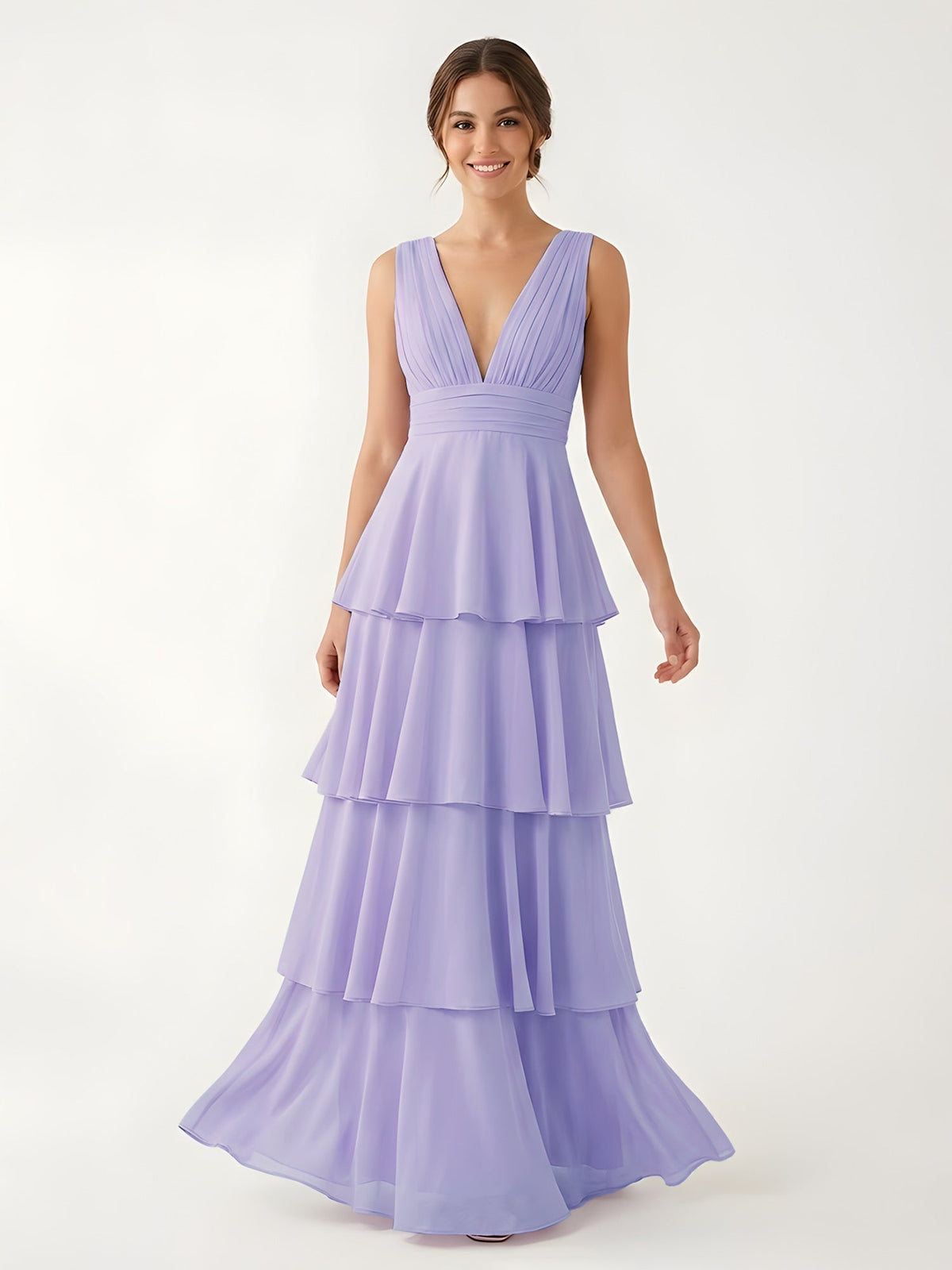 Tiered Chiffon Maxi Dress with Plunging V-Neckline Lavender