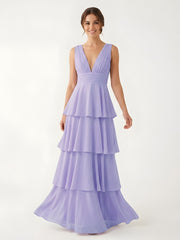 Tiered Chiffon Maxi Dress with Plunging V-Neckline Lavender