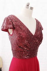 Sleeves V Neck Sequin Chiffon High Low Mother of the Brides Dress
