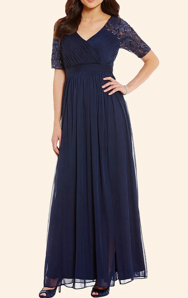 Lace Chiffon Short Sleeves Long Mother of the Brides Dress