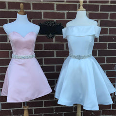 White Satin Off The Shoulder Homecoming Dresses Beaded Sashes