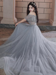 Beautiful Beaded Off Shoulder Tulle Prom Dress, A-line Grey Evening Dress Party Dress KS3820