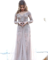 Gray Lace Appliques Long Sleeves Mermaid Off Shoulder Evening Dress With Split