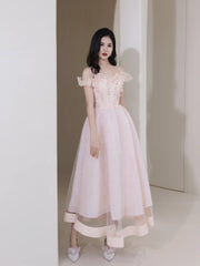 Pink Tulle Beaded Short Prom Dress, Pink Off Shoulder Evening Party Dress