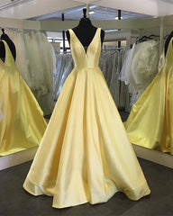 Deep V-neck Long Satin Floor Length Prom Dress Backless Evening Gowns