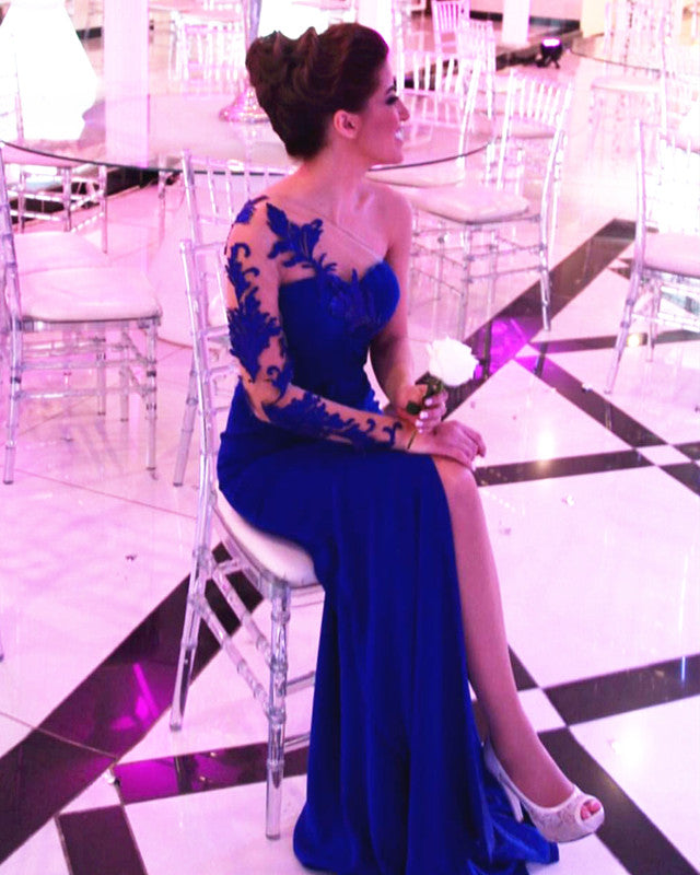 Gorgeous Lace Embroidery One Shoulder Leg Split Prom Dresses Mermaid