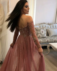 Long Sleeves V-neck Lace Prom Dresses Off Shoulder Evening Gowns