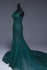 Emerald Green Tulle Mermaid Prom Dresses Lace Appliques Formal Dress