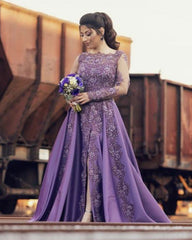Lace Beaded Long Sleeves Evening Gown Split Satin Prom Dresses