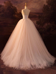 Champagne Strapless Tulle Long Prom Dress, Beautiful A-Line Formal Evening Dress