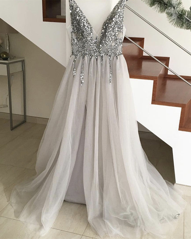 Sparkly Crystal Beaded V-neck Tulle Split Evening Dresses