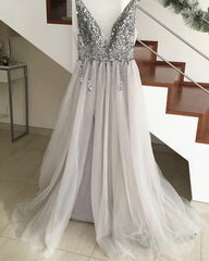 Sparkly Crystal Beaded V-neck Tulle Split Evening Dresses