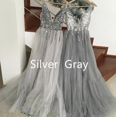 Sparkly Crystal Beaded V-neck Tulle Split Evening Dresses