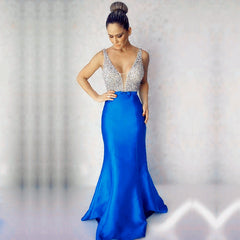 Gorgeous Beaded Long Satin V Neck Mermaid Evening Dresses