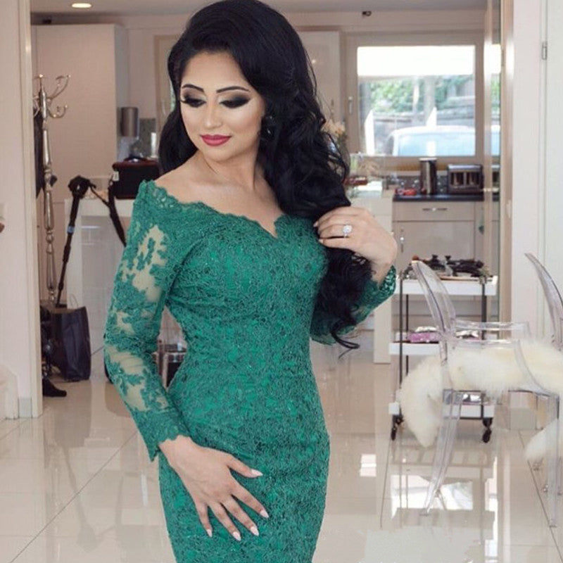 Elegant Long Sleeves V-neck Lace Mermaid Prom Dresses