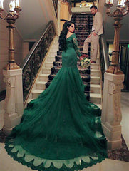 Elegant Long Sleeves V-neck Lace Mermaid Prom Dresses