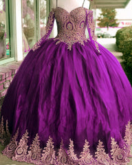 Gold Lace Charro Quinceanera Dress Long Sleeve Off The Shoulder