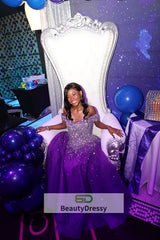 Blue Sparkle Off Shoulder Ball Party Dress , Handmade Beaded Party Dress