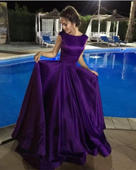 A-line Open Back Long Satin Floor Length Prom Dresses
