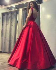 A-line Open Back Long Satin Floor Length Prom Dresses