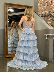 Princess A Line Off the Shoulder Corset Prom Dress with Lace Ruffles
